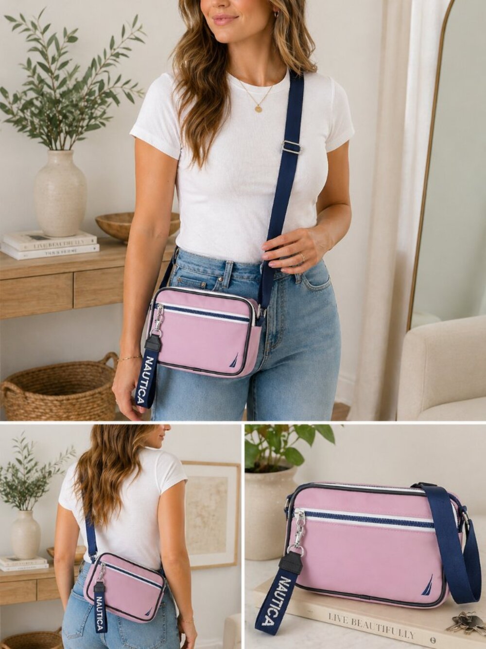 Nautica Womens High Seas Camera Crossbody Bag Lilac Rose Adjustable Strap